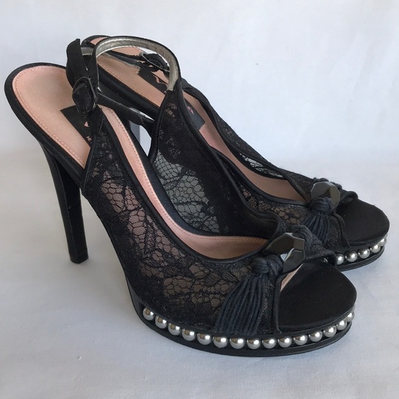 Nina Shoes - Nina New York black platform heels with ankle strap, pearl, bead, lace, size 7.5
